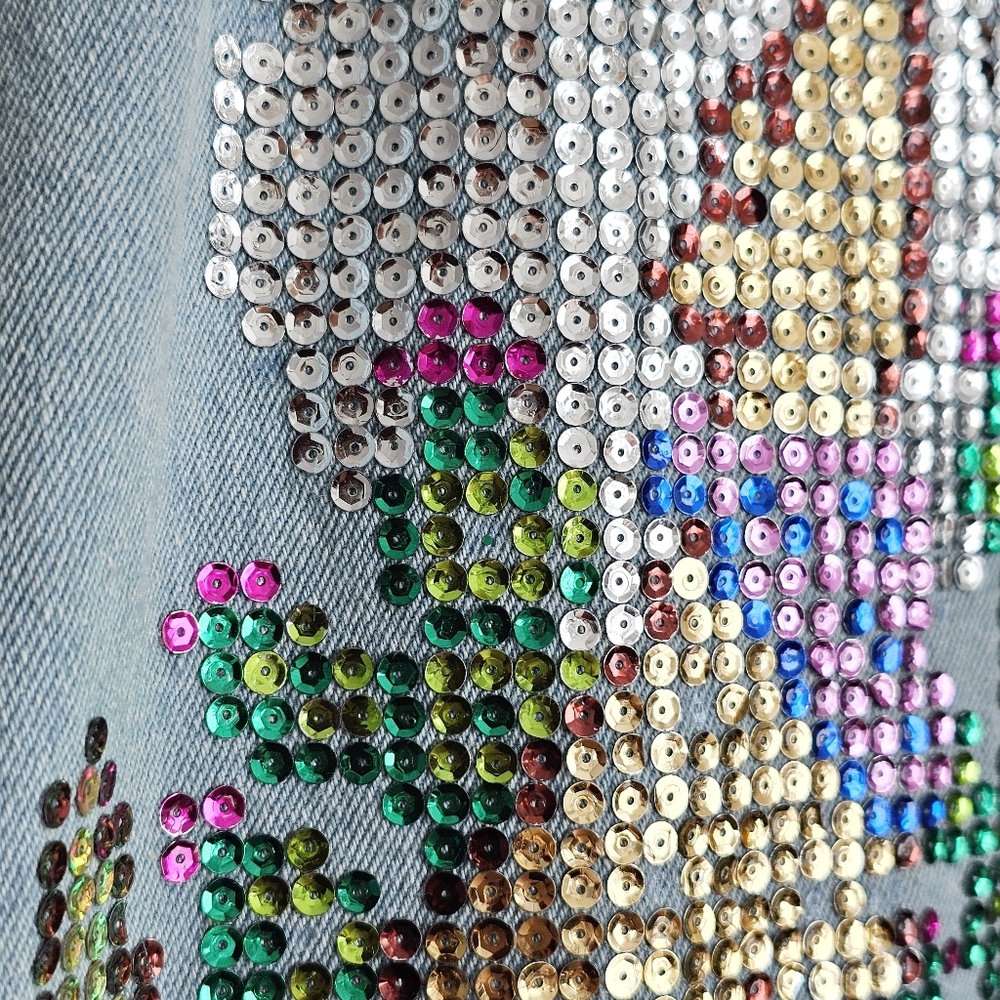 Vintage Western Sequin Coyote Moon Art Denim Jacket Desert Cactus Statement M - Picture 11 of 16